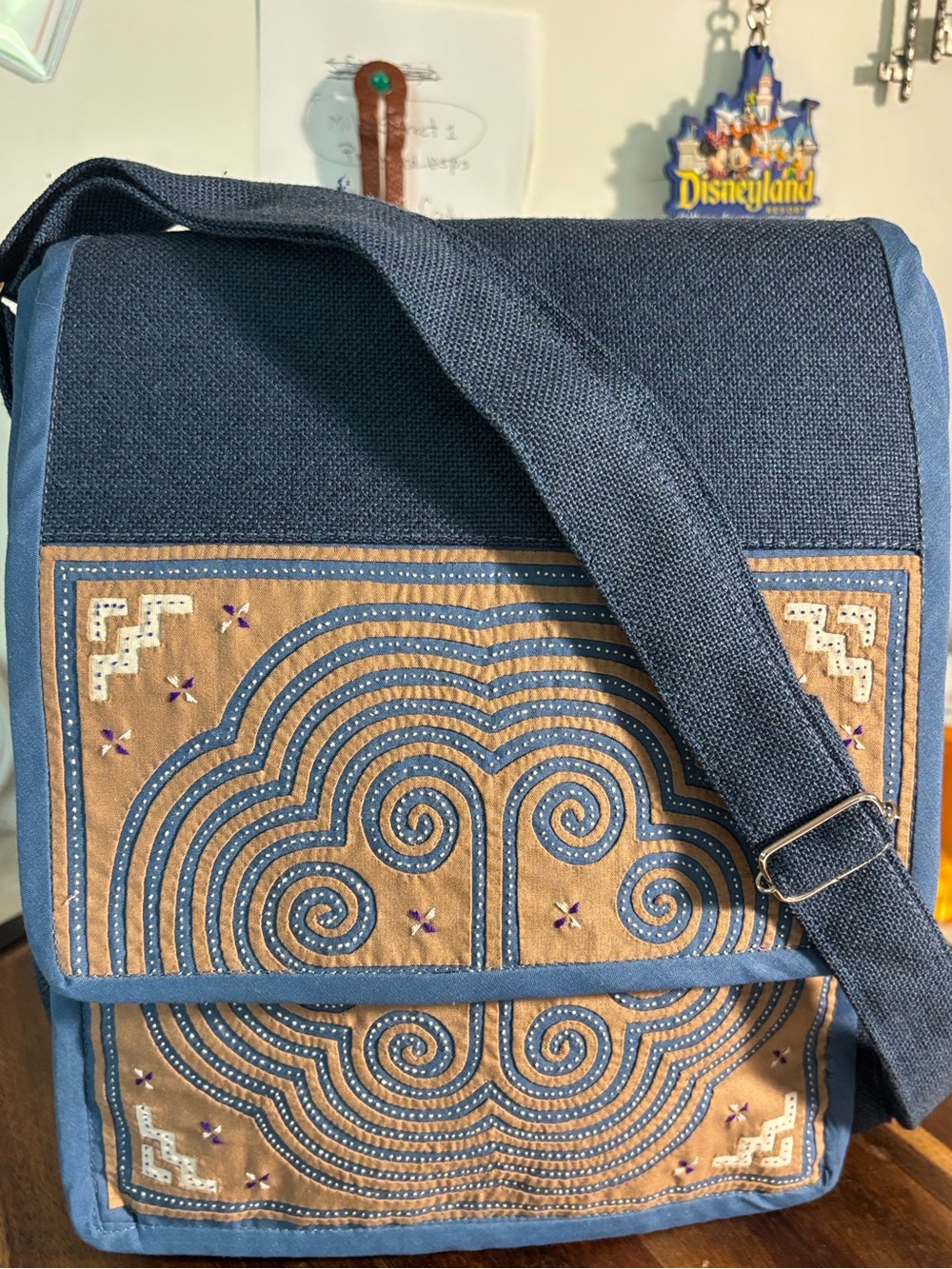 Blue and Tan Embroidered Canvas ladies crossbody - Picture 3 of 3